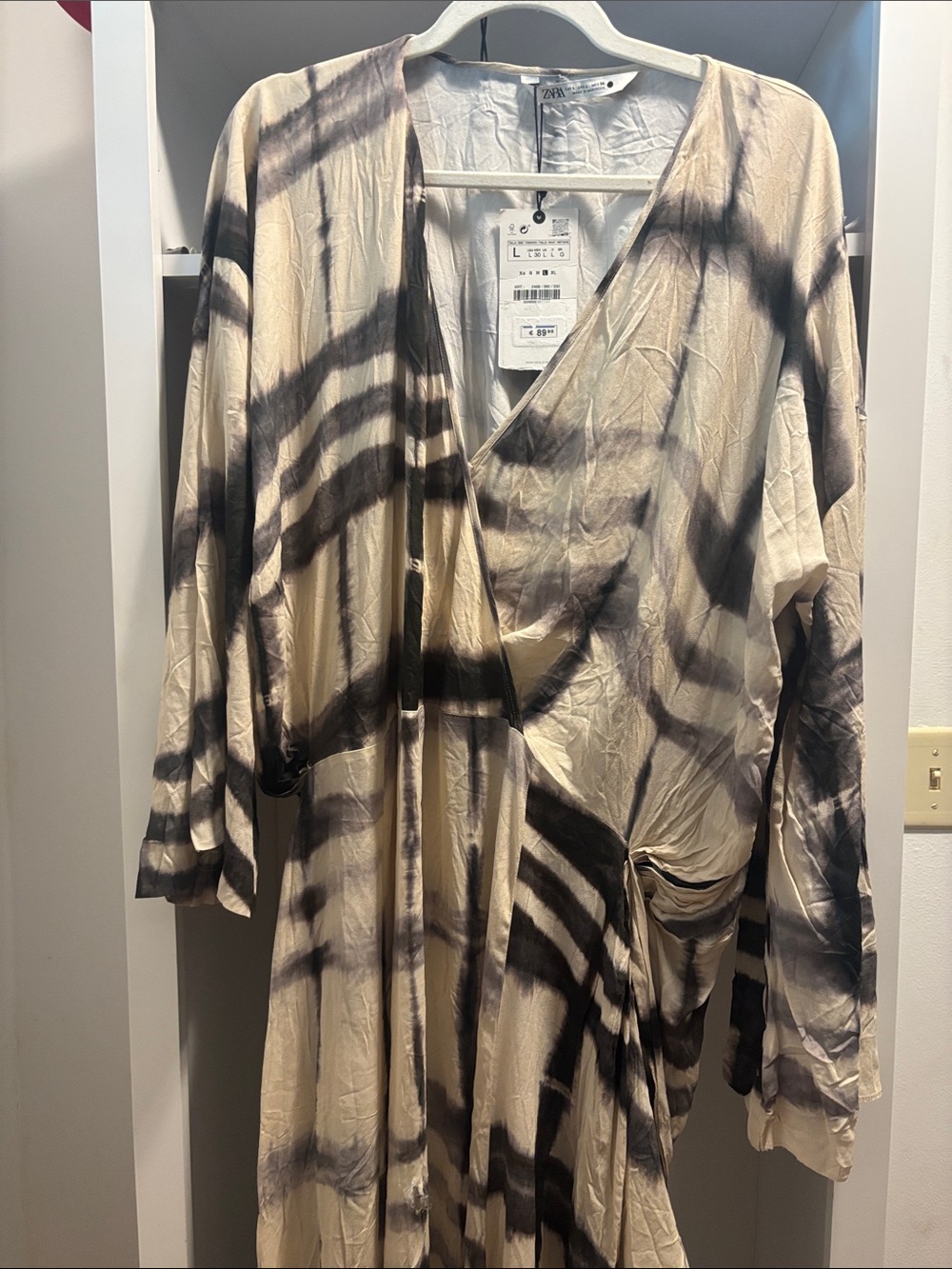 Zara Beige and Black Tie-Dye Wrap Dress with Side Tie